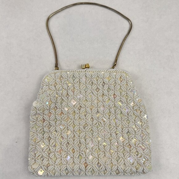 Vintage Womens White Beaded Geometric Floral Evening Bag Small Clutch Purse HK - Picture 1 of 12